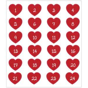 Kalendertal, røde hjerter, klistermærker, 1 ark
